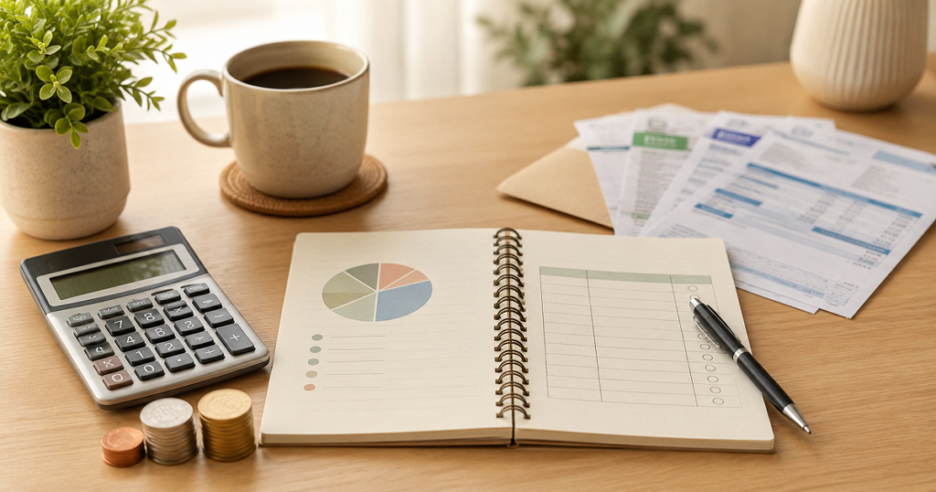 Simple home budgeting setup with calculator, coins, bills, and a notebook for beginner money planning