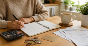 Beginner budgeting setup with notebook, calculator, coins, bills, and coffee on a tidy home desk