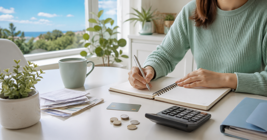 Organized budgeting table with notebook, calculator, coins, bills, and three money category trays