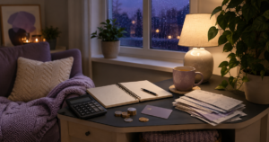 Calm evening budgeting setup with notebook, calculator, coins, bills, lamp, and plant