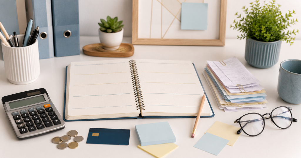 Beginner budgeting glossary setup with notebook, calculator, coins, sticky notes, bills, glasses, and plant
