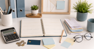 Beginner budgeting glossary setup with notebook, calculator, coins, sticky notes, bills, glasses, and plant