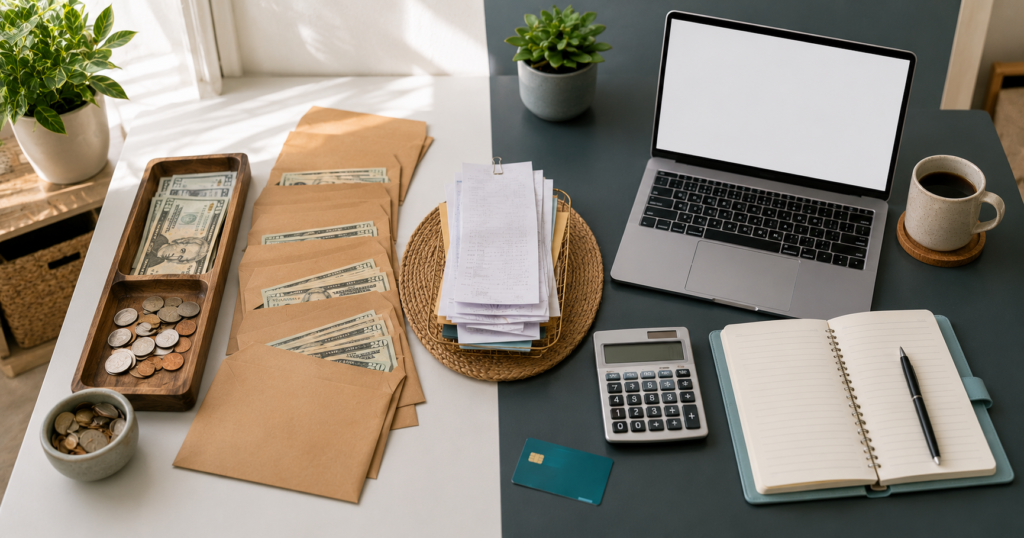 Cash and digital budgeting comparison with envelopes, coins, laptop, calculator, notebook, bills, and bank card