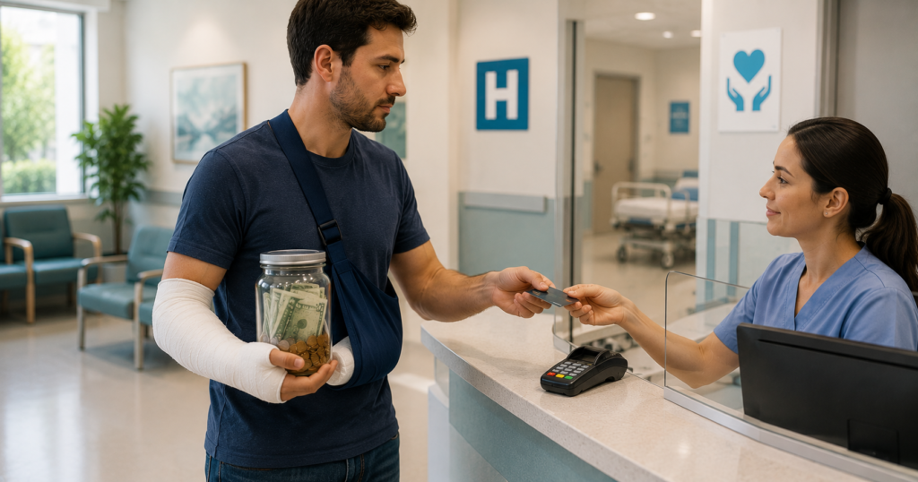 Man with an arm in a cast paying at a hospital reception while holding an emergency savings jar