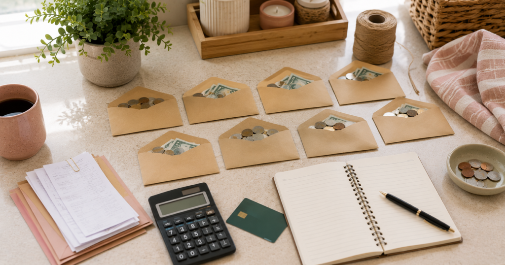 Envelope budgeting setup with unlabeled envelopes, coins, notebook, calculator, bills, and plant