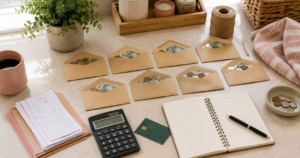 Envelope budgeting setup with unlabeled envelopes, coins, notebook, calculator, bills, and plant