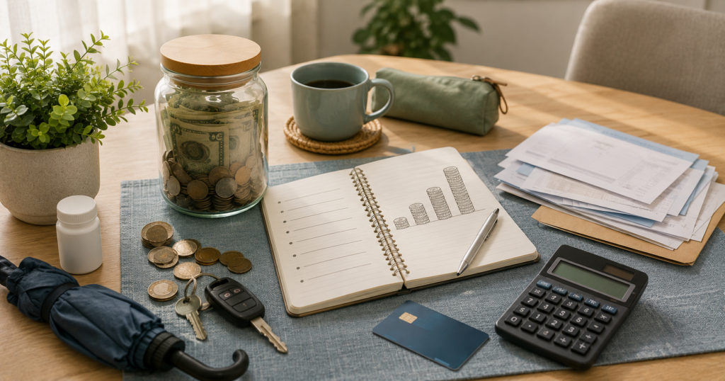 Emergency fund calculation scene with notebook, calculator, savings jar, coins, bills, key, umbrella, and plant