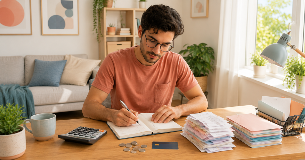 Relaxed morning budgeting scene with notebook, calculator, coins, bills, breakfast, and plants