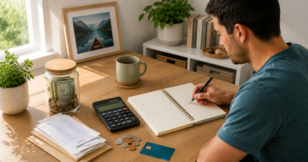 Step-by-step savings plan setup with notebook, calculator, coins, bills, savings jar, and milestone cards