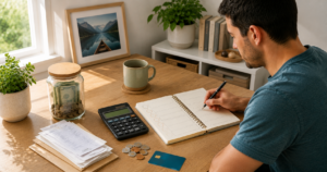 Step-by-step savings plan setup with notebook, calculator, coins, bills, savings jar, and milestone cards