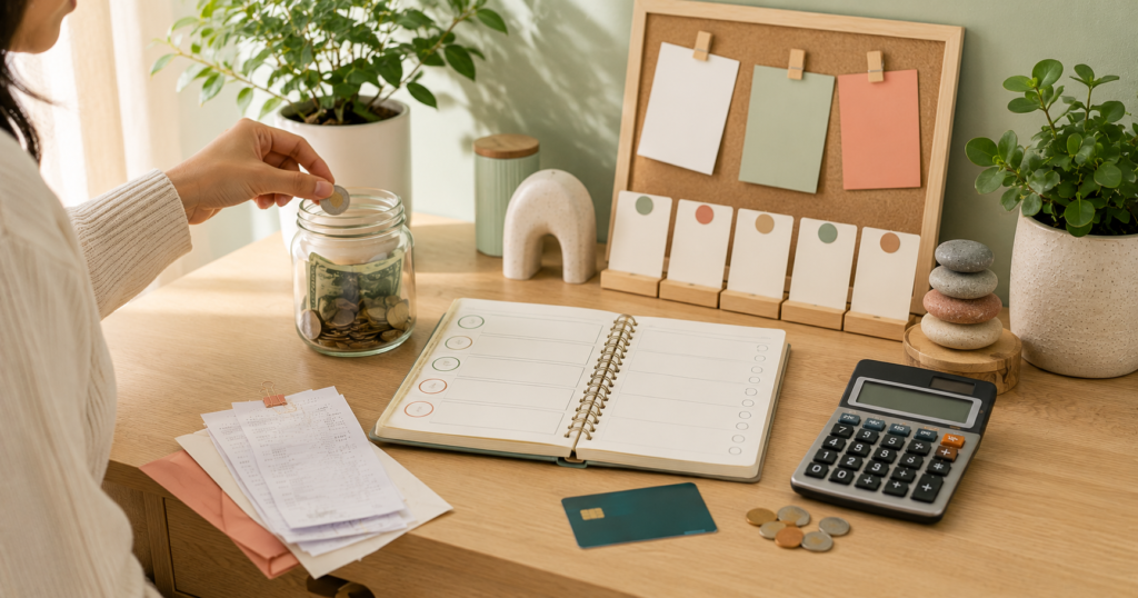 Savings goal planning scene with jar, notebook, calculator, coins, bills, and simple progress markers