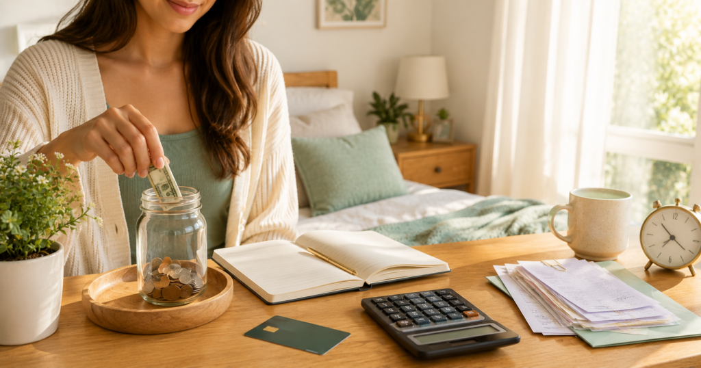 Person saving money first with a jar, notebook, calculator, bills, and morning light