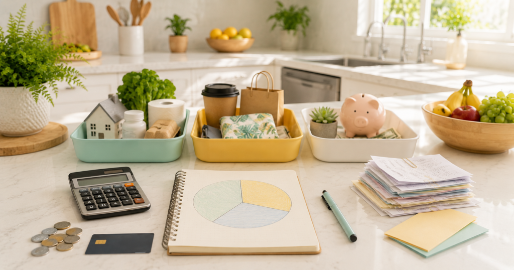 Simple 50/30/20 budgeting setup with three money categories, notebook, calculator, coins, bills, and morning light