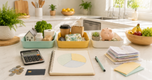 Simple 50/30/20 budgeting setup with three money categories, notebook, calculator, coins, bills, and morning light