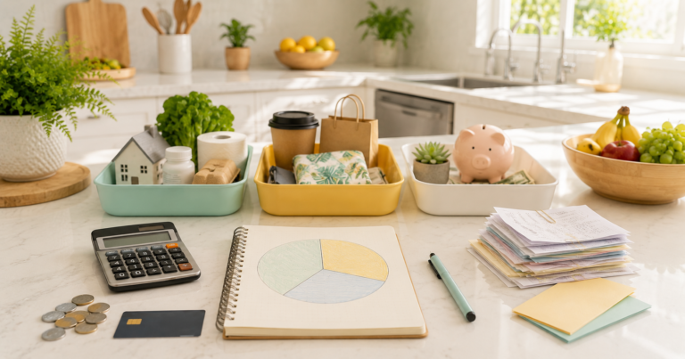 Simple 50/30/20 budgeting setup with three money categories, notebook, calculator, coins, bills, and morning light