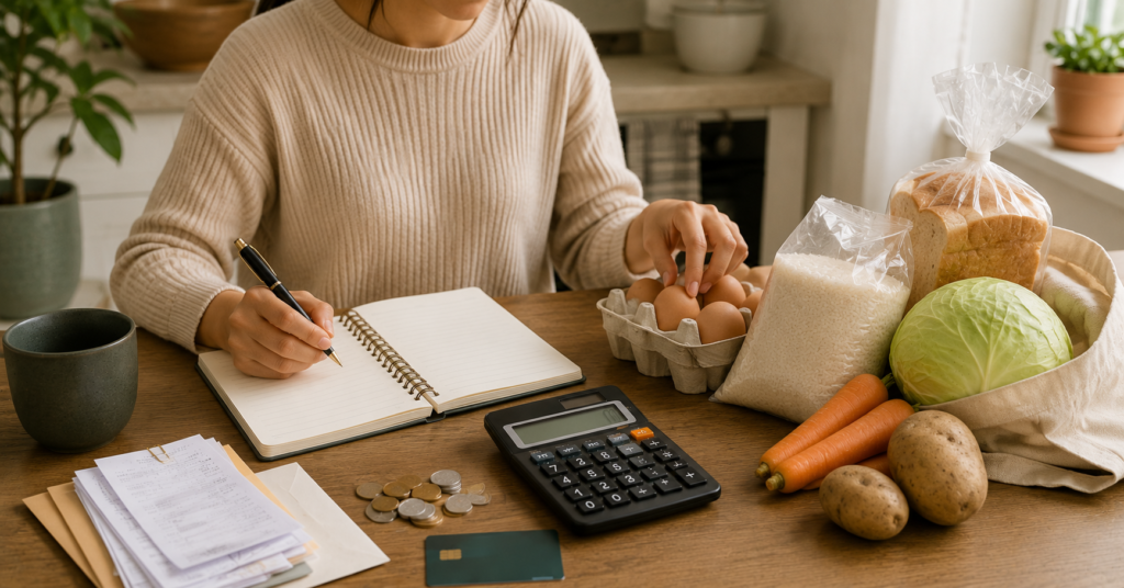Bare-bones budgeting scene with notebook, calculator, bills, coins, bank card, and simple grocery staples
