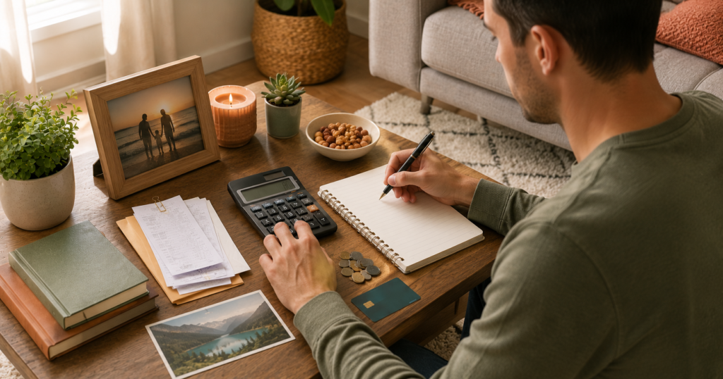 Values-based budgeting scene with notebook, calculator, coins, bills, and personal priority items