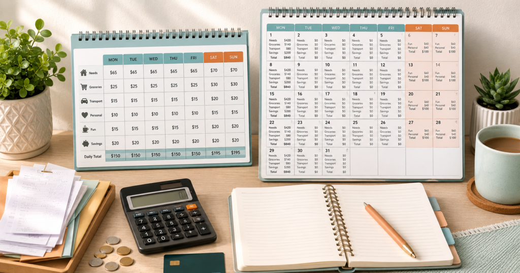 Weekly and monthly budgeting comparison with calendars, notebook, calculator, coins, bills, and plant