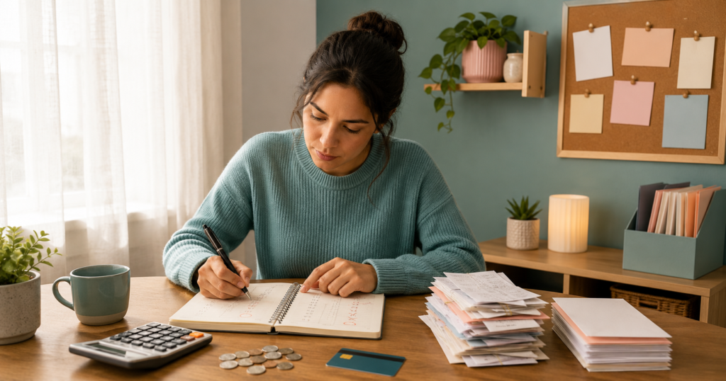 Person calmly fixing a budget at a home desk with notebook, calculator, coins, bills, and organized papers