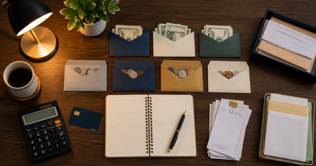 Zero-based budgeting setup with money divided into envelopes, notebook, calculator, bills, and plant